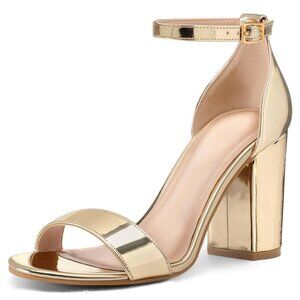 Coasis Womens Size 8.5 Sandals 3.5" Heels Chunky Block Open Toe Gold Ankle Strap